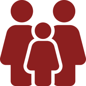 Three simple red human icons on a dark red background.