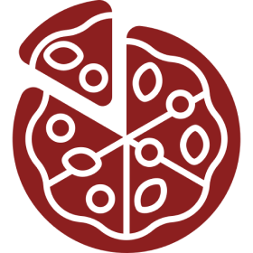 A stylized red apple with a subtle leaf design on a matching red background.
