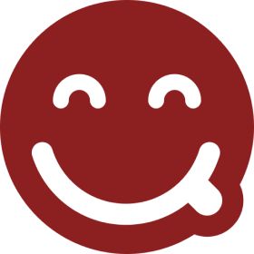 A smiling face icon on a red background.
